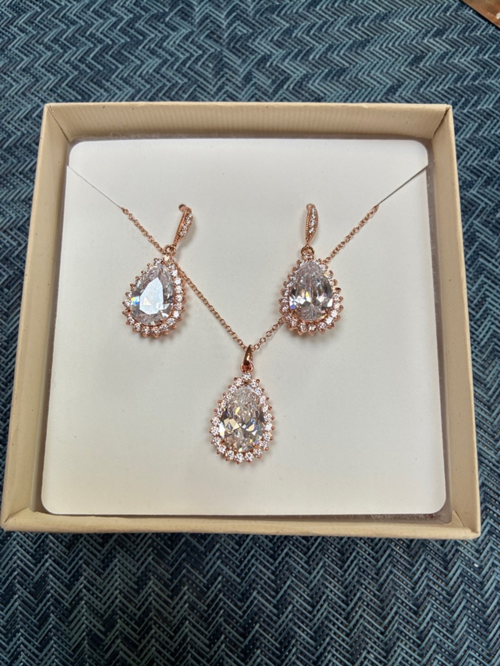 Rose Gold Teardrop Crystal Necklace and Earrings Set - Sparkling Drop Pendant